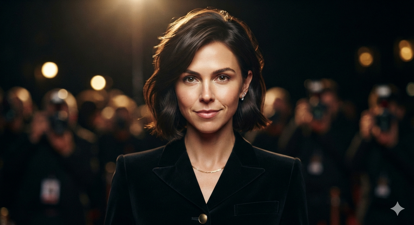 Woman with a sleek, red-carpet-styled bixie haircut, short separated layers at the crown catching the light and blending into a smooth, chin-length perimeter