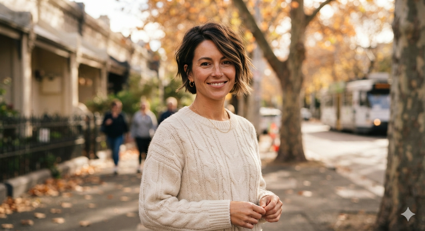 Woman with a wavy, textured bixie haircut, softer layers and a side-swept fringe with medium volume waves