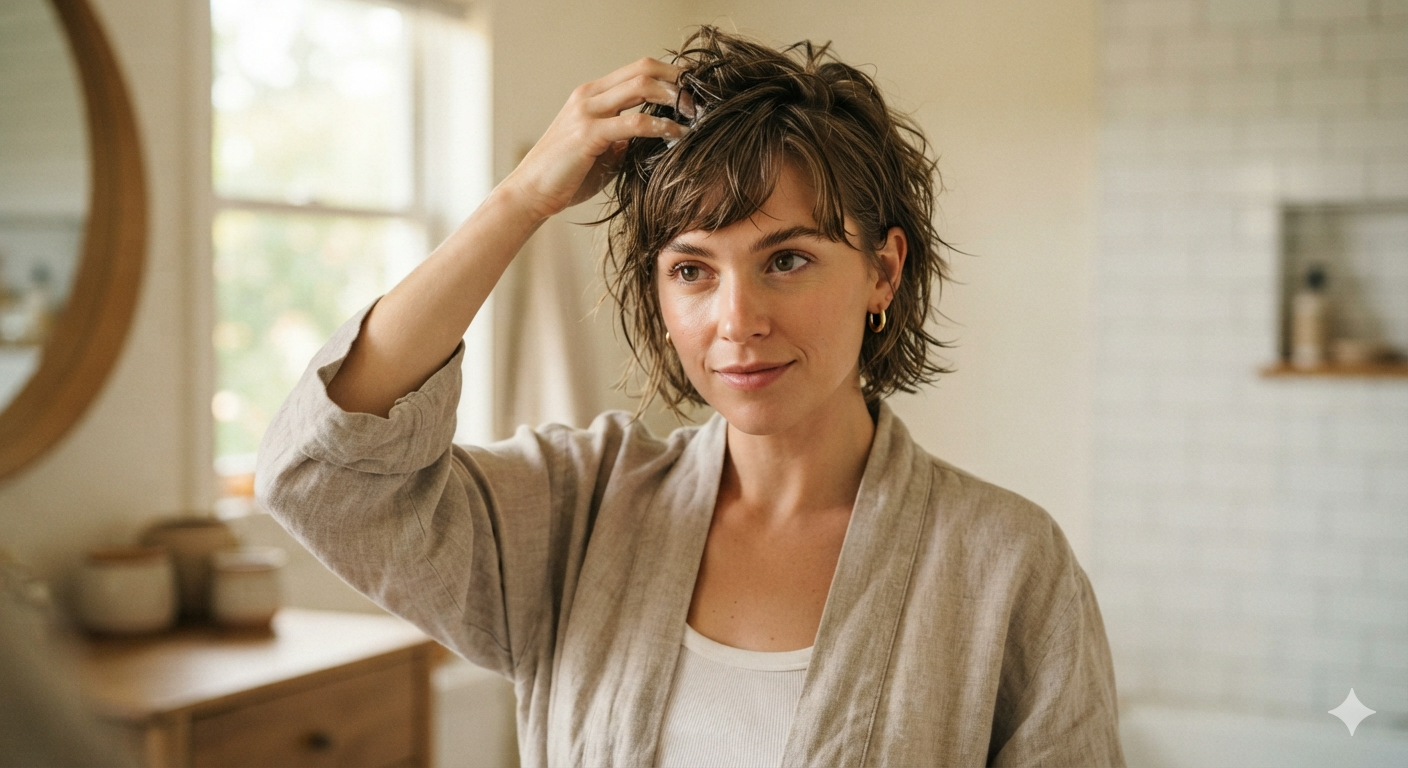 Woman working texturizing product into the damp crown layers of her choppy bixie haircut in a bright bathroom