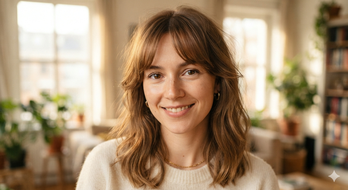 Woman with a softer, minimally-layered butterfly-inspired haircut with curtain bangs, suited to fine or thin hair