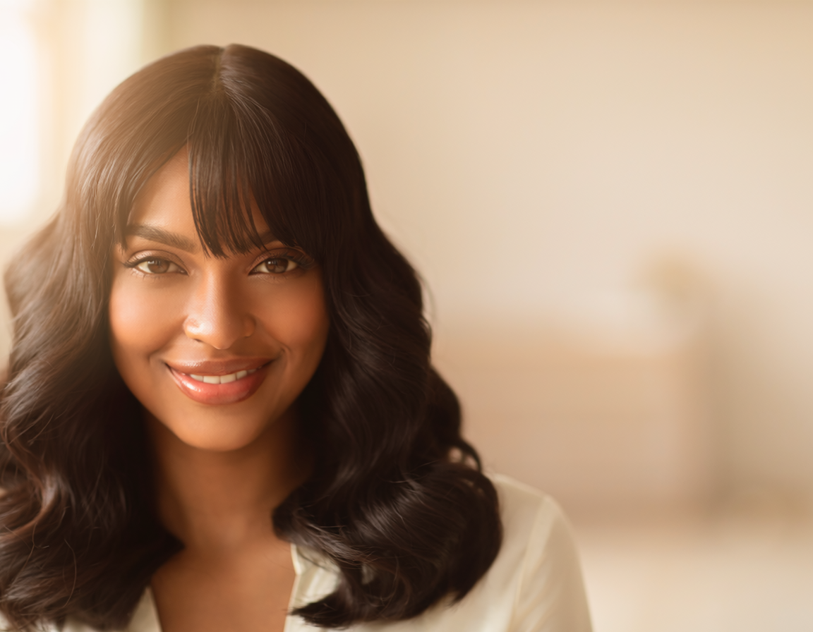 Close-up of a woman’s center-parted curtain bangs showing the layered sweep and length at the outer edges