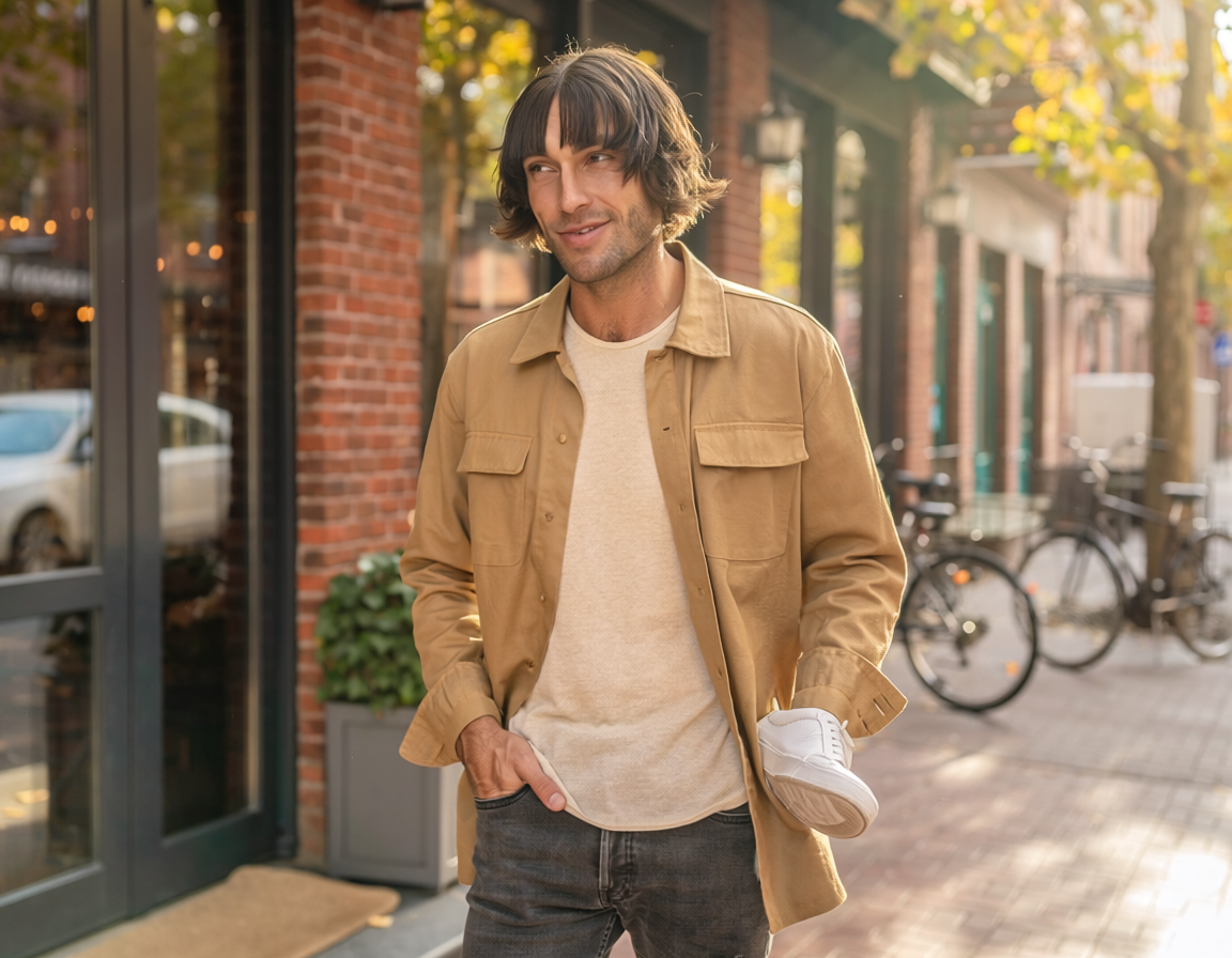 Man with tousled, shoulder-length brown hair and a curtain-fringe bang walking on a city sidewalk