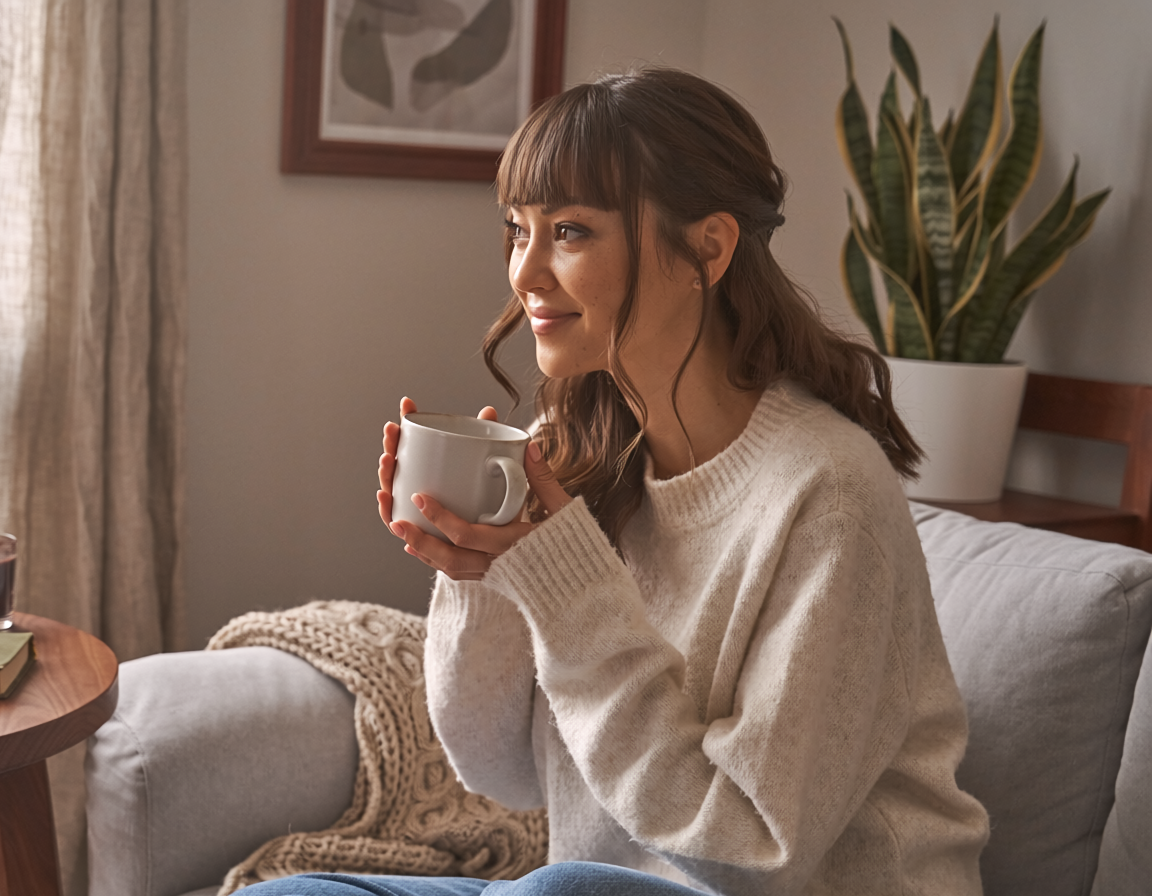 Woman with wavy brown hair and soft curtain bangs relaxing on a couch holding a coffee mug