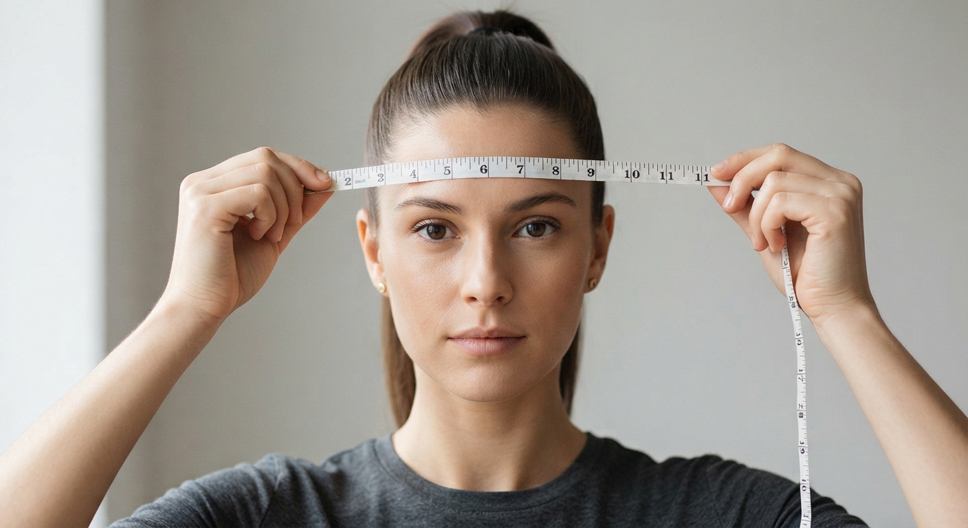Woman with her hair in a high ponytail holding a soft measuring tape across her forehead, demonstrating the manual face shape measurement method
