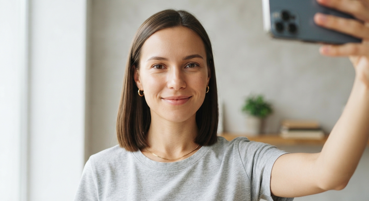 Woman taking a well-lit, front-facing selfie with straight smooth hair, demonstrating good lighting and framing for an accurate AI face shape reading