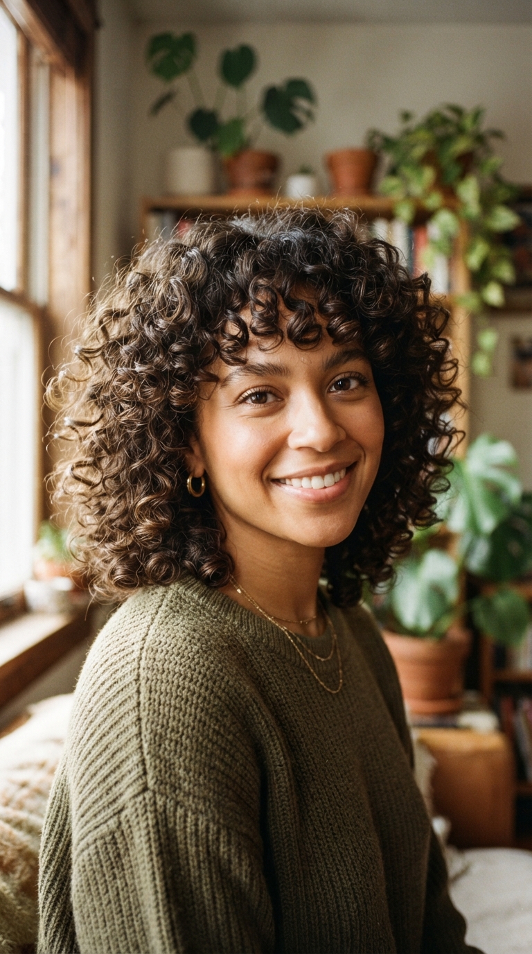 Woman with a curly shag haircut, layered springy curls forming a rounded silhouette with a curly fringe