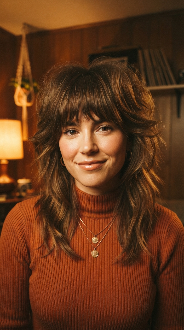 Woman with a classic 70s-style shag haircut, heavy feathered layers, a full fringe, and retro volume at the crown