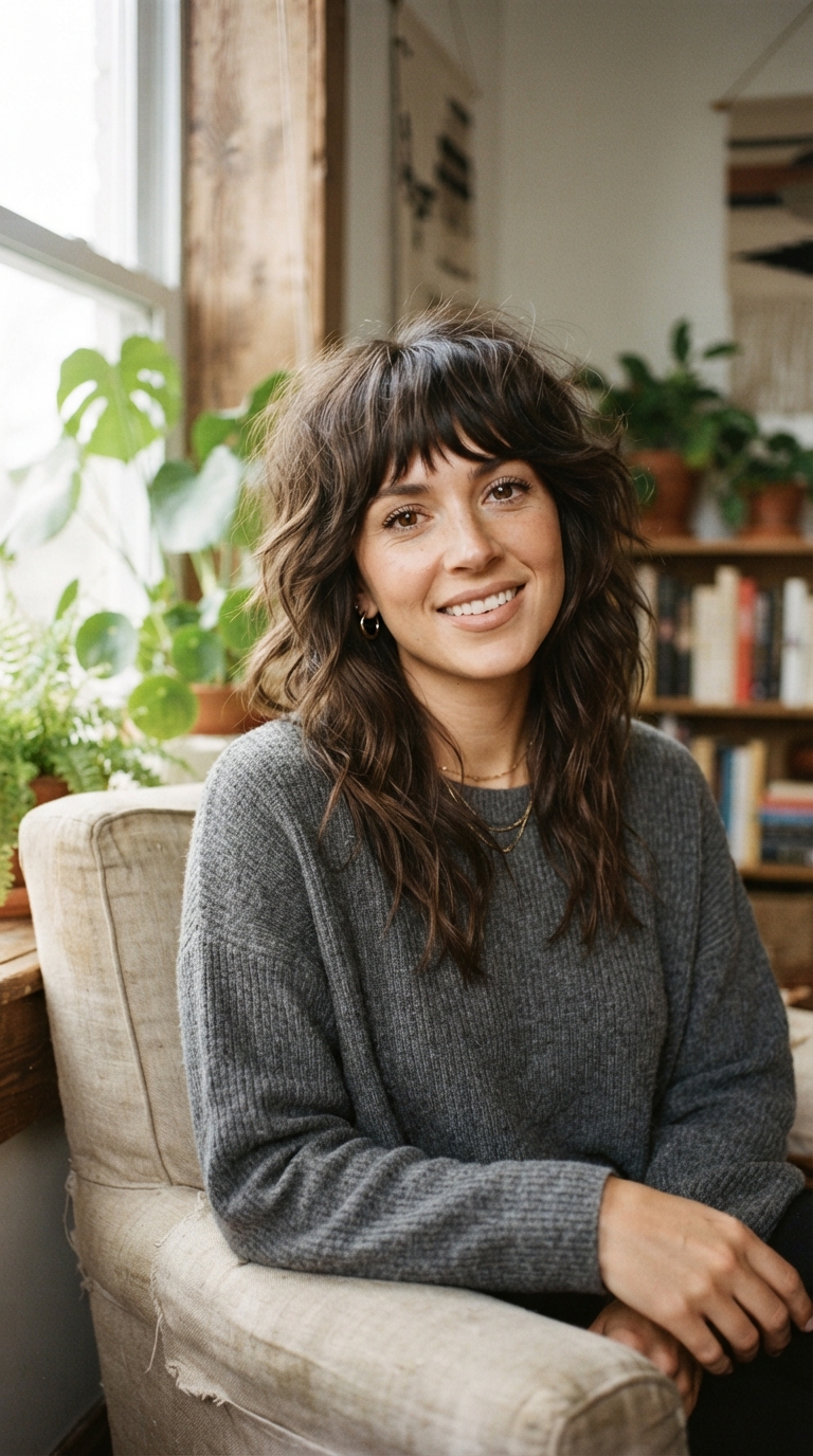 Woman with a tousled, air-dried modern shag haircut with piecey, texture-sprayed layers and a lived-in finish