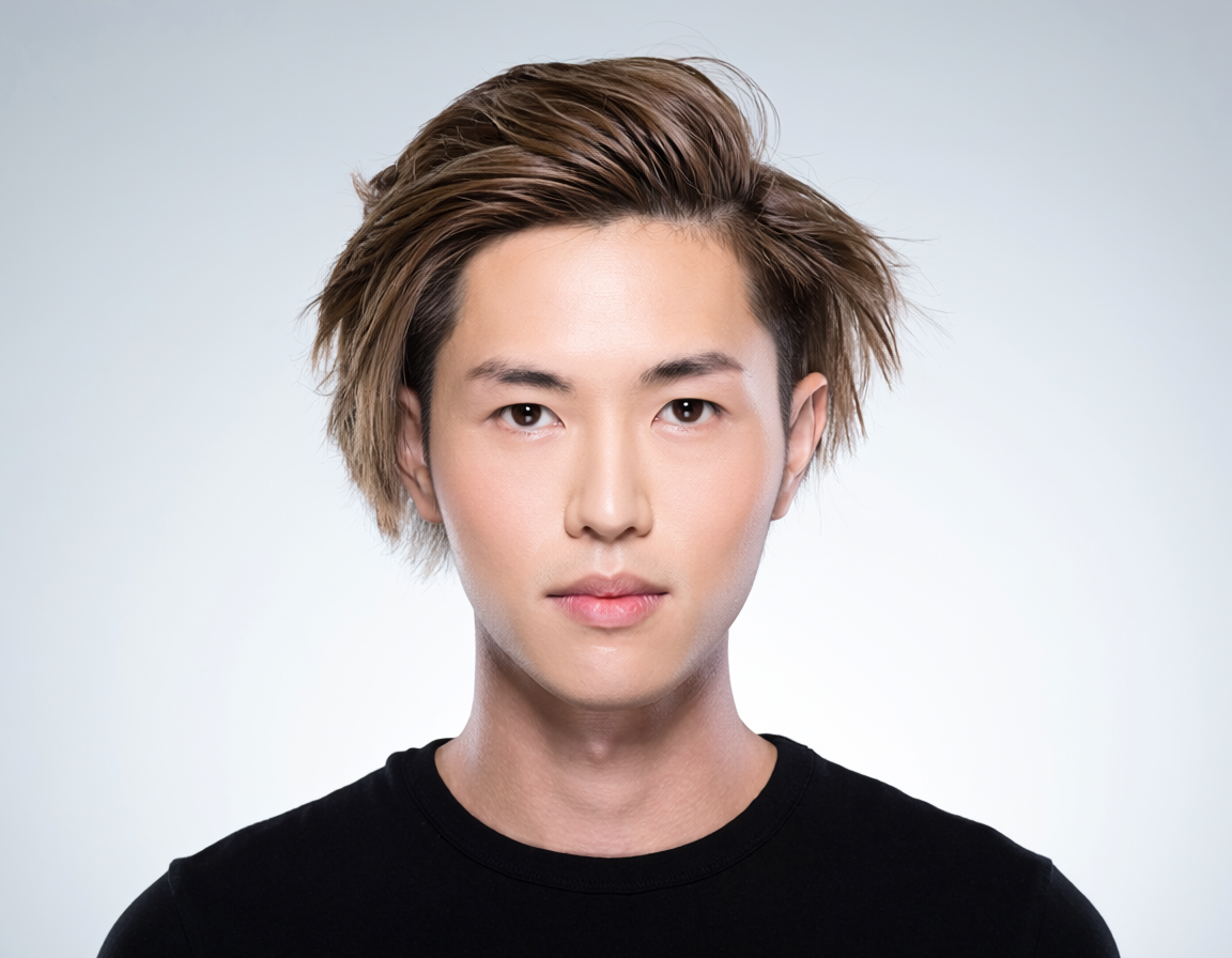 Young man with a layered, swept-back wolf cut with subtly highlighted ends