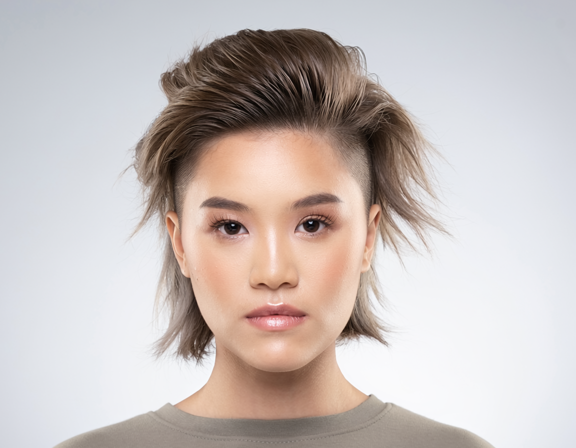 Young woman with an edgier, voluminous wolf cut featuring an undercut and textured crown