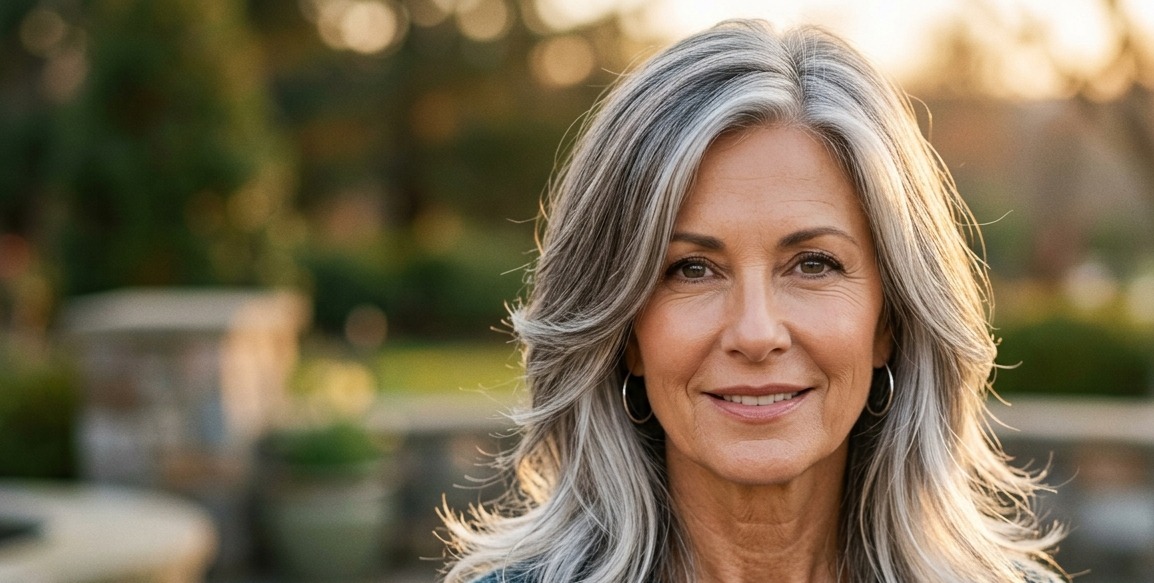 Woman with soft gray and silver balayage blended through layered hair, natural graying pattern styled elegantly