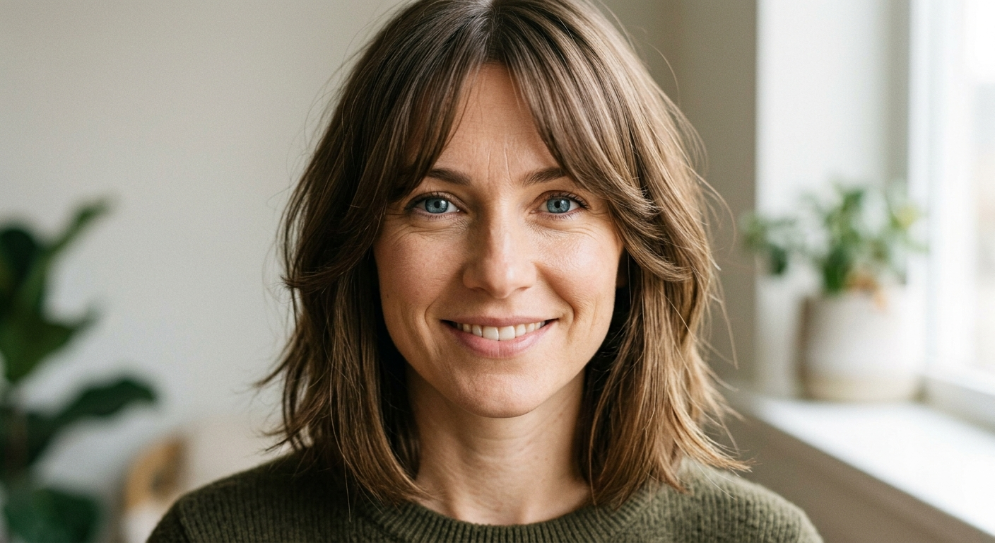 Woman with a sleek, smooth, glossy blowout finish, straight aligned strands catching the light